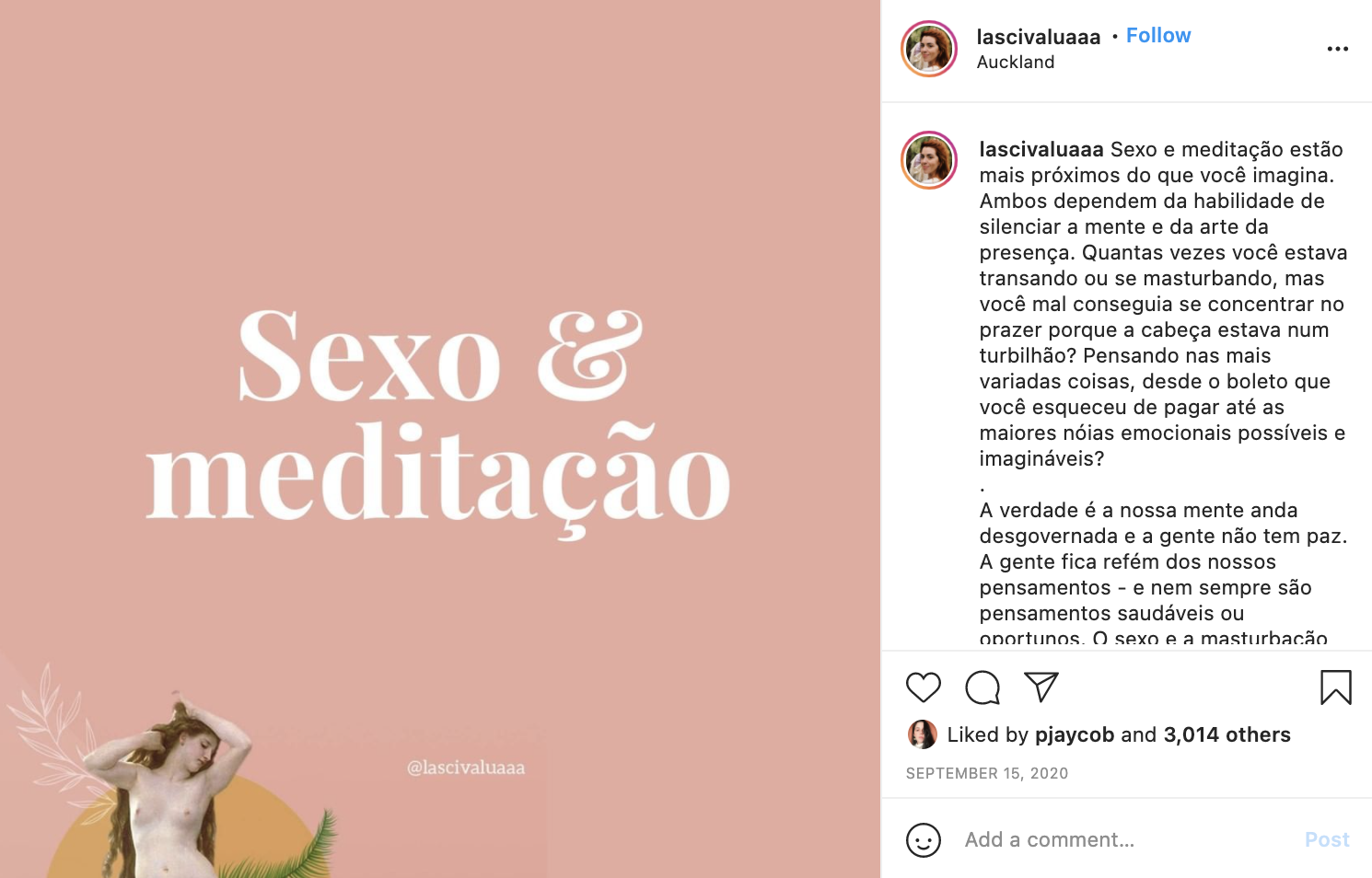 Post sobre Sexo e Meditação, publicado na página Lasciva Lua no instagram, administrada pela terapeuta sexual Lua Menezes.