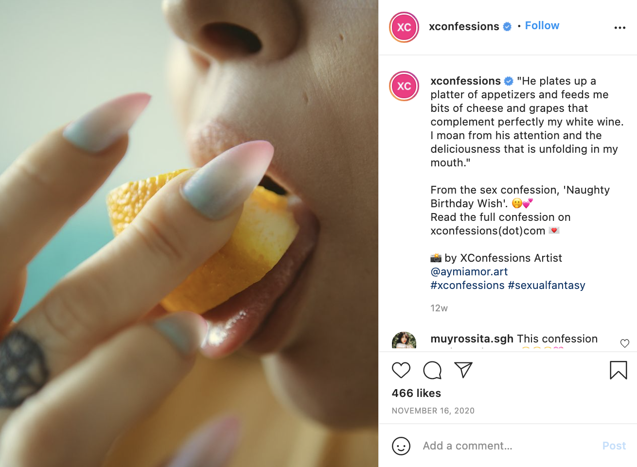 Publicação na página do instagram XConfessions. A imagem é uma mulher mordendo uma fruta.